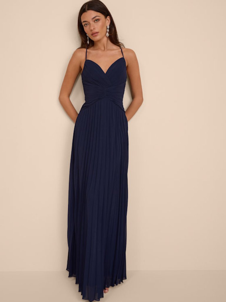 Lulus Corella Navy Blue Pleated Backless Maxi Dress - Size Xs New With Tags